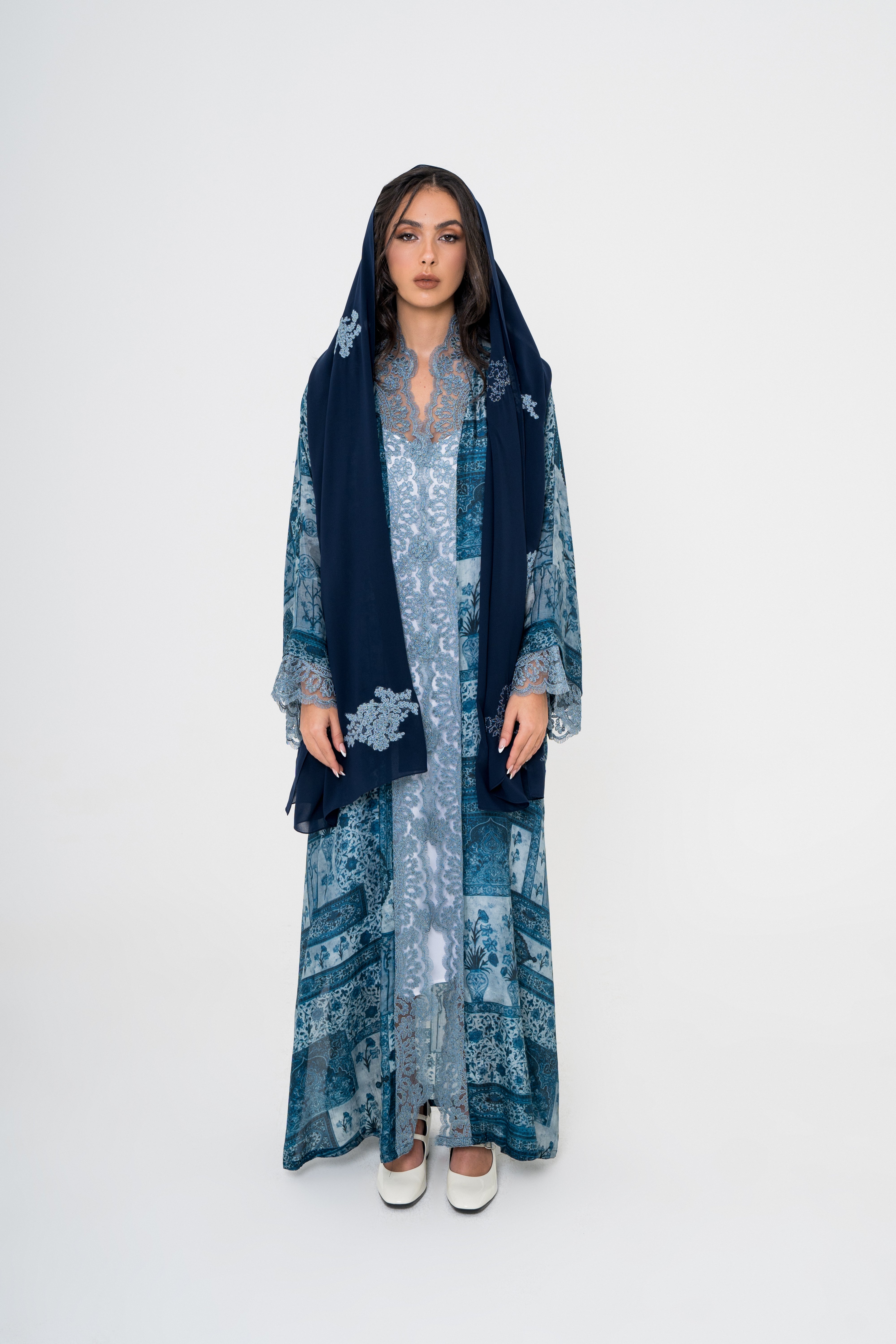 Patchwork Tile Print Abaya with Gray Lace